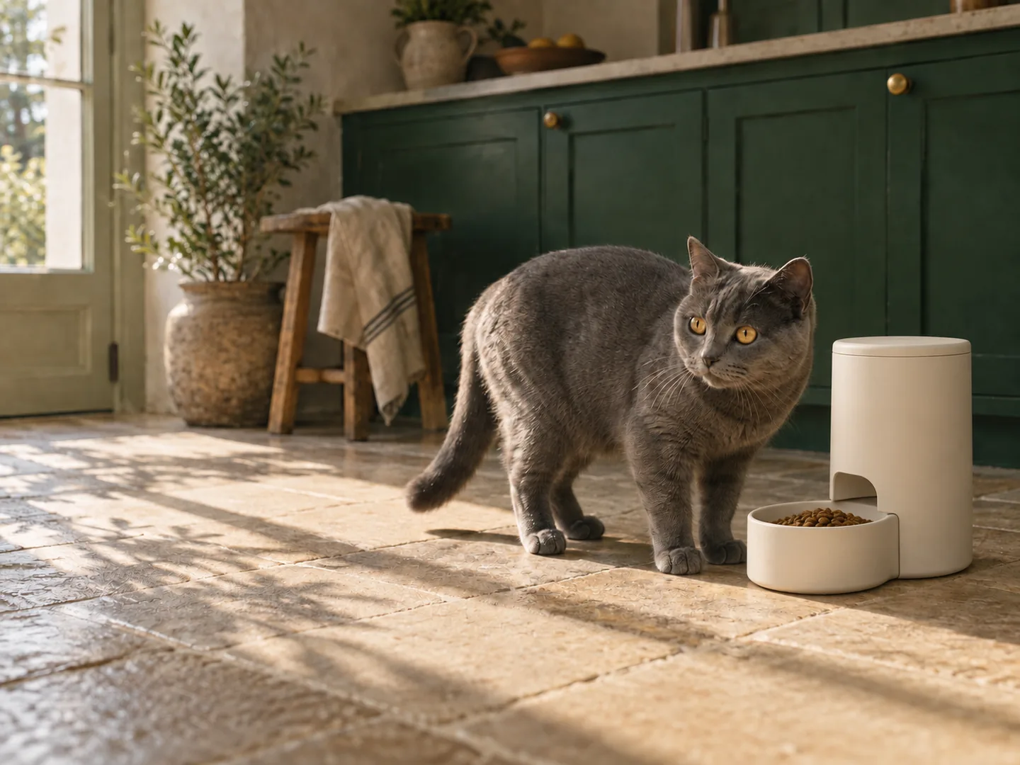 A grey British Shorthair walking through a sunlit kitchen beside a generic cream automatic feeder
