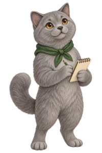 Illustrated cat scout with a field notebook