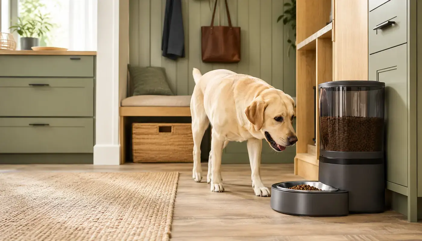 Dog eating from an automatic meal feeder