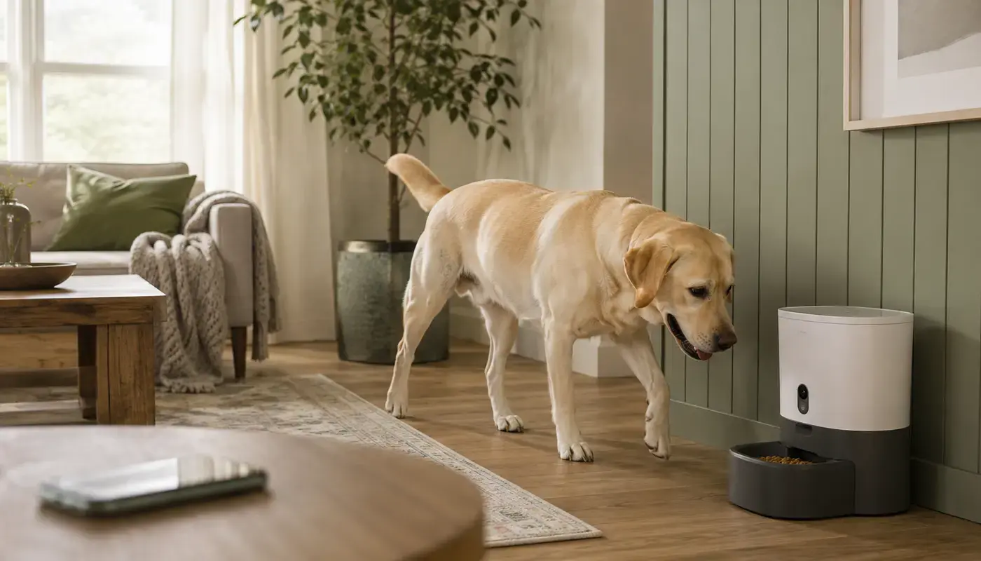 Dog beside an automatic meal feeder with a camera