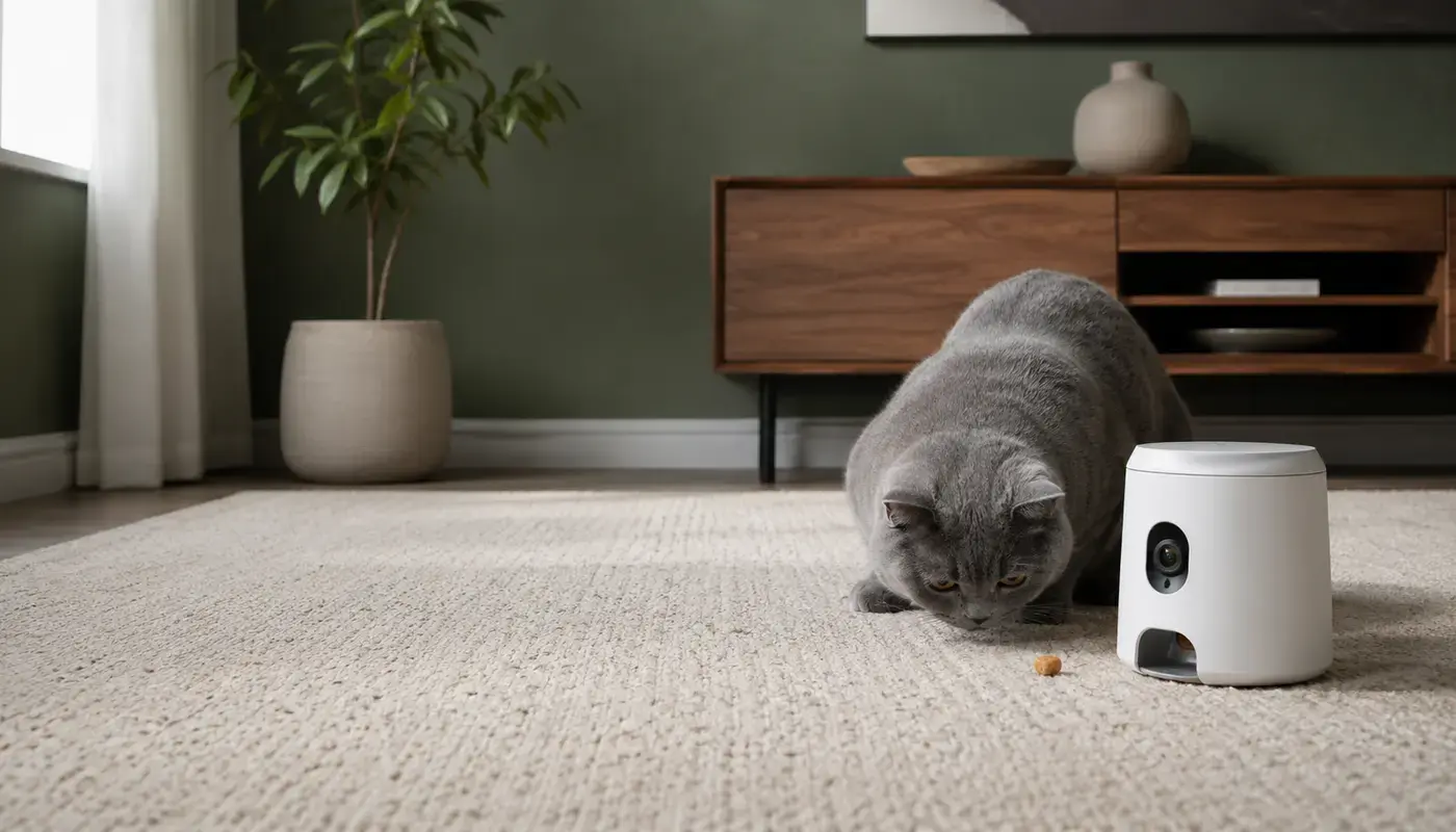 Dog looking toward a camera-equipped treat dispenser