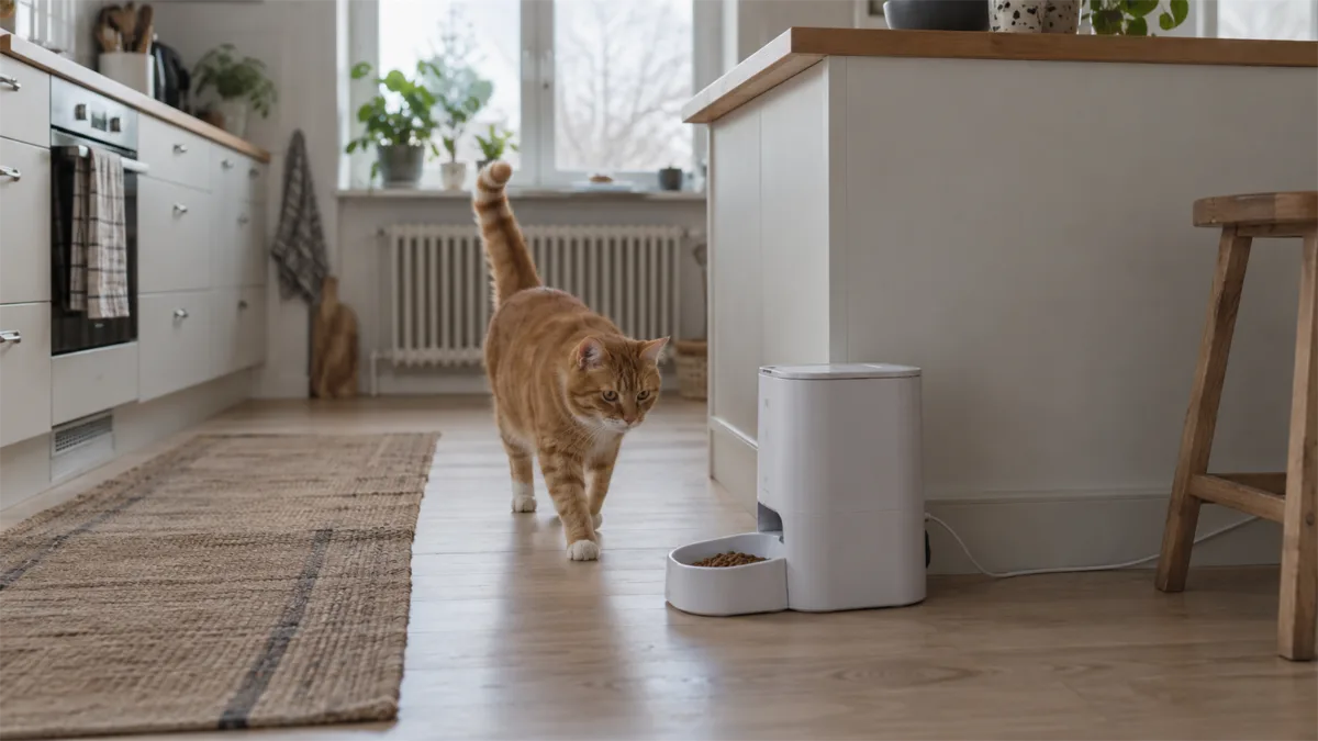 British Shorthair cat approaching an automatic dry-food feeder