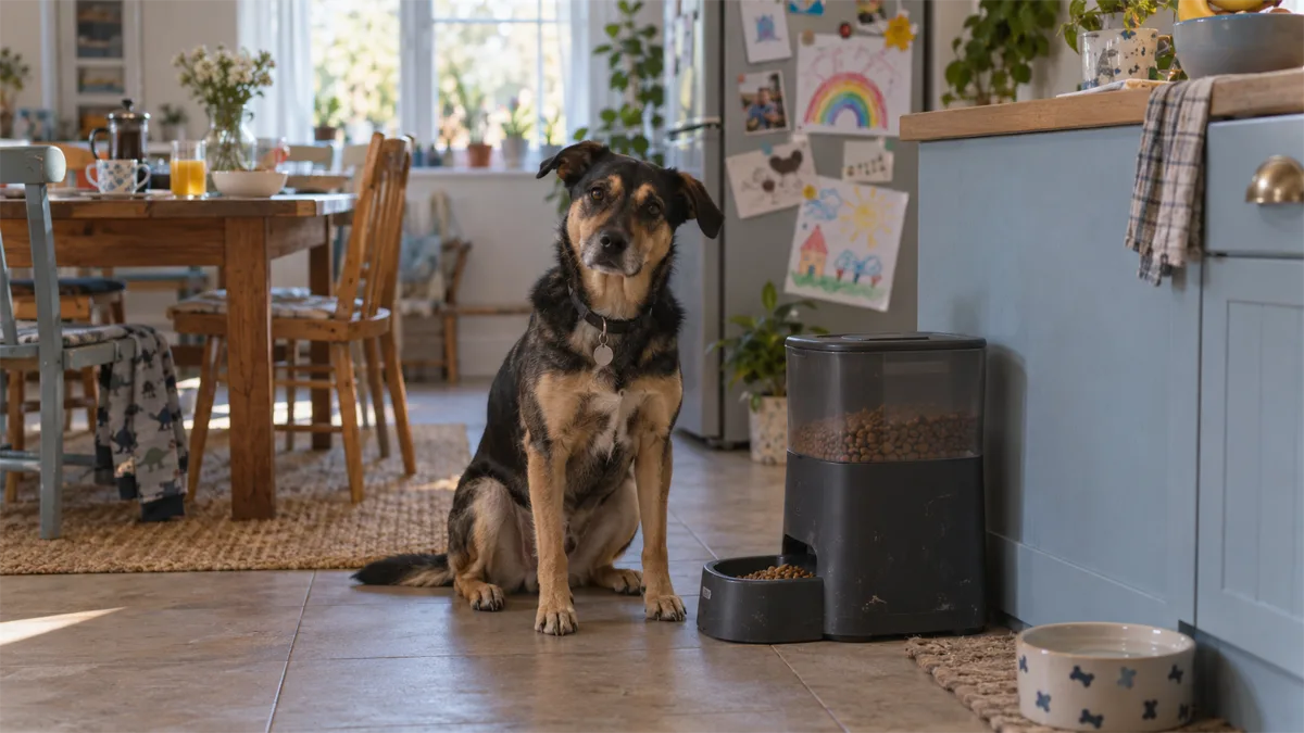 Golden retriever beside a large automatic dog feeder in a warm modern living room