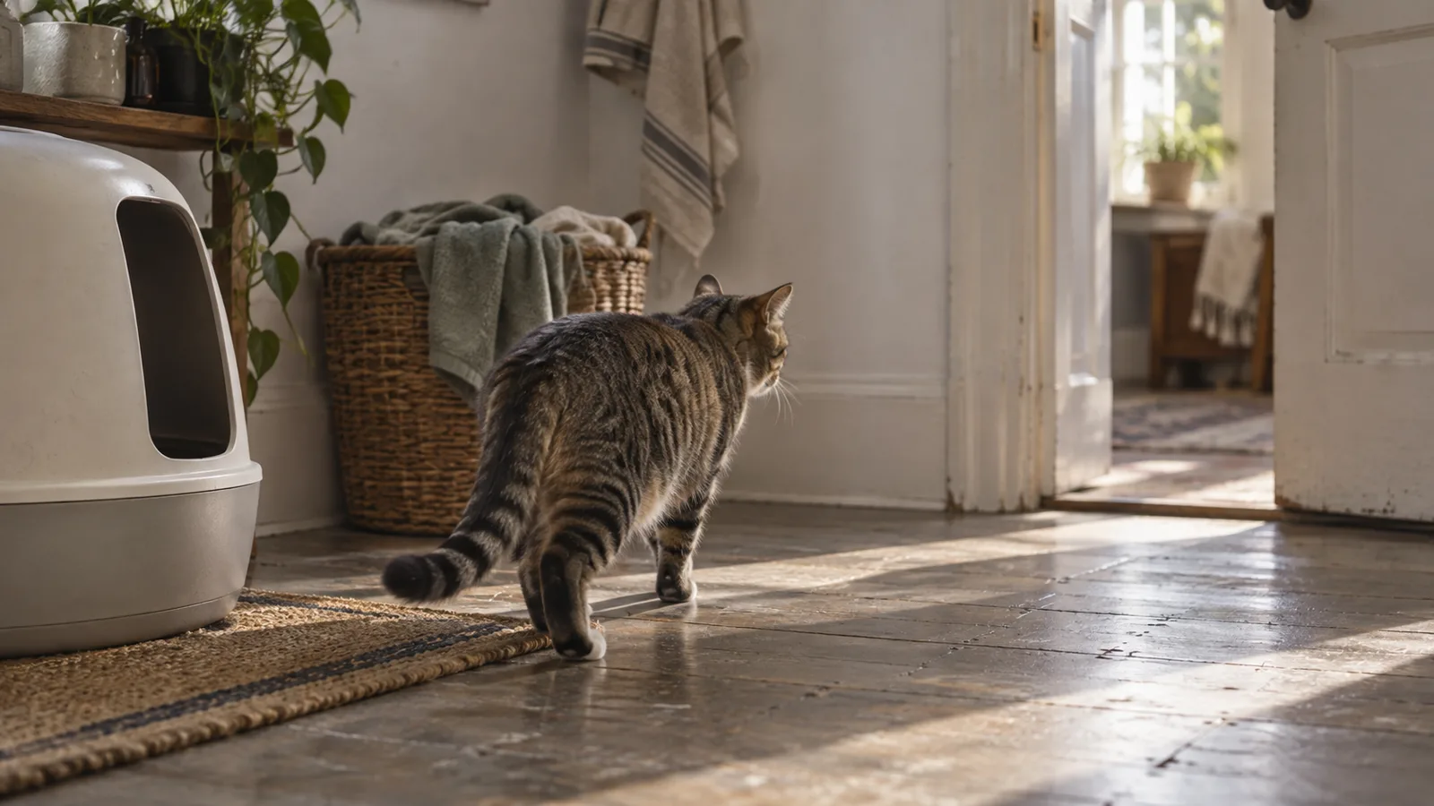 Tabby cat walking away from an automatic litter box in a lived-in utility room