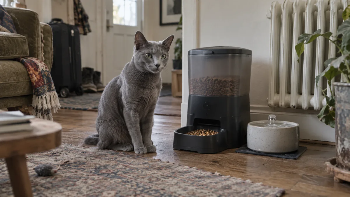 Cat near an automatic feeder with travel luggage in the background