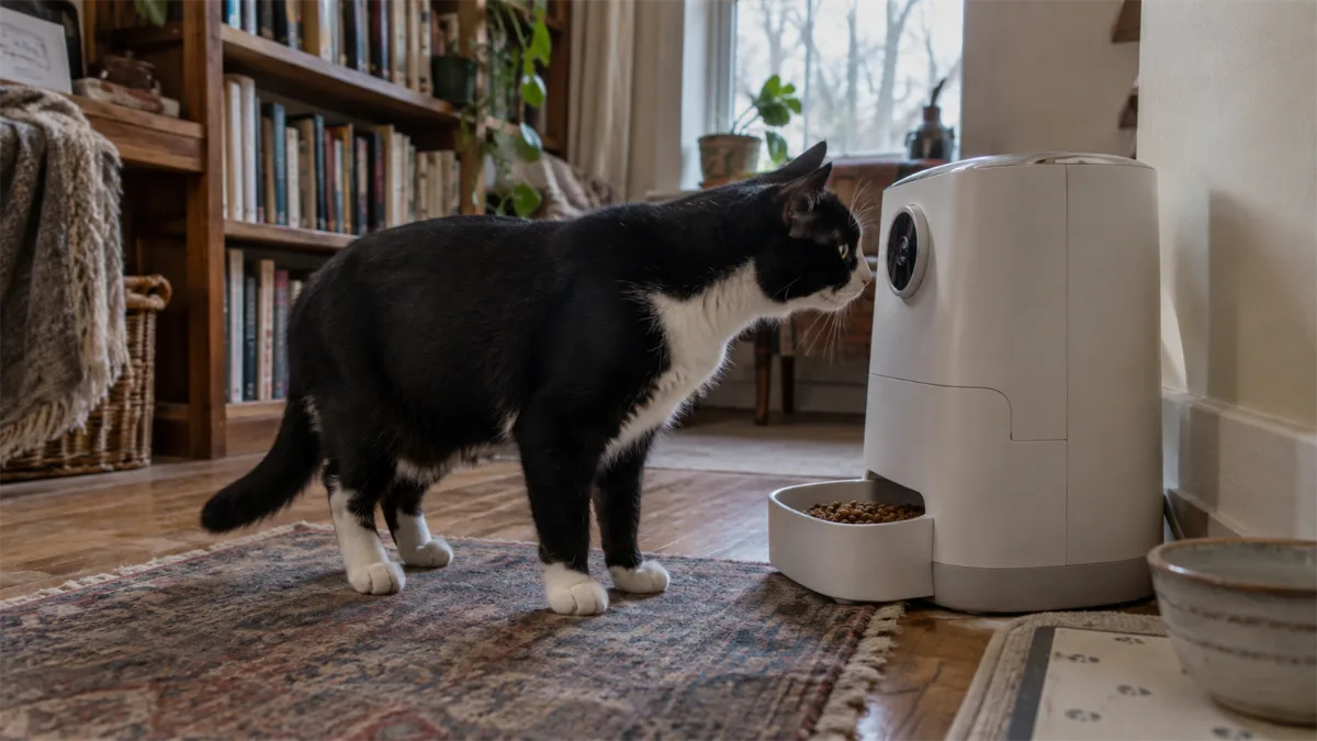 Cat near an automatic feeder with a camera