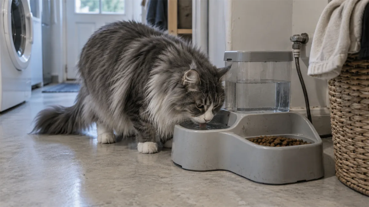 Cat using a combined automatic food and water station