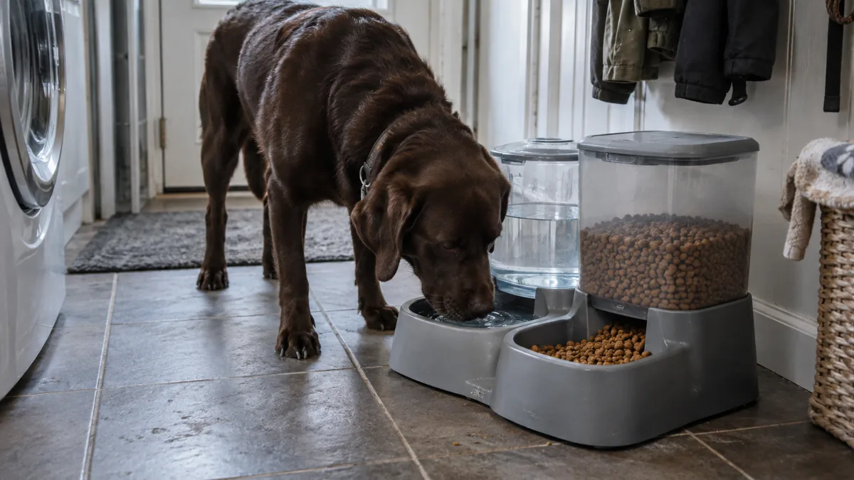 Golden retriever using a combined automatic dog feeder and water station