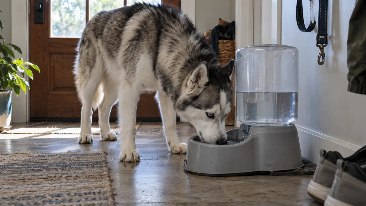 Dog using an automatic water dispenser