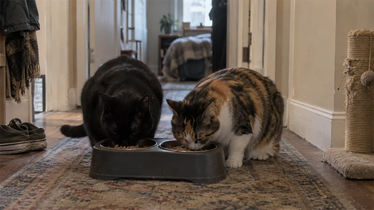 Two cats using an automatic feeder setup
