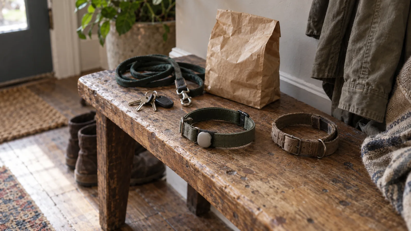 Two dog collars, one with a small tracker, on an entryway bench with a leash and keys