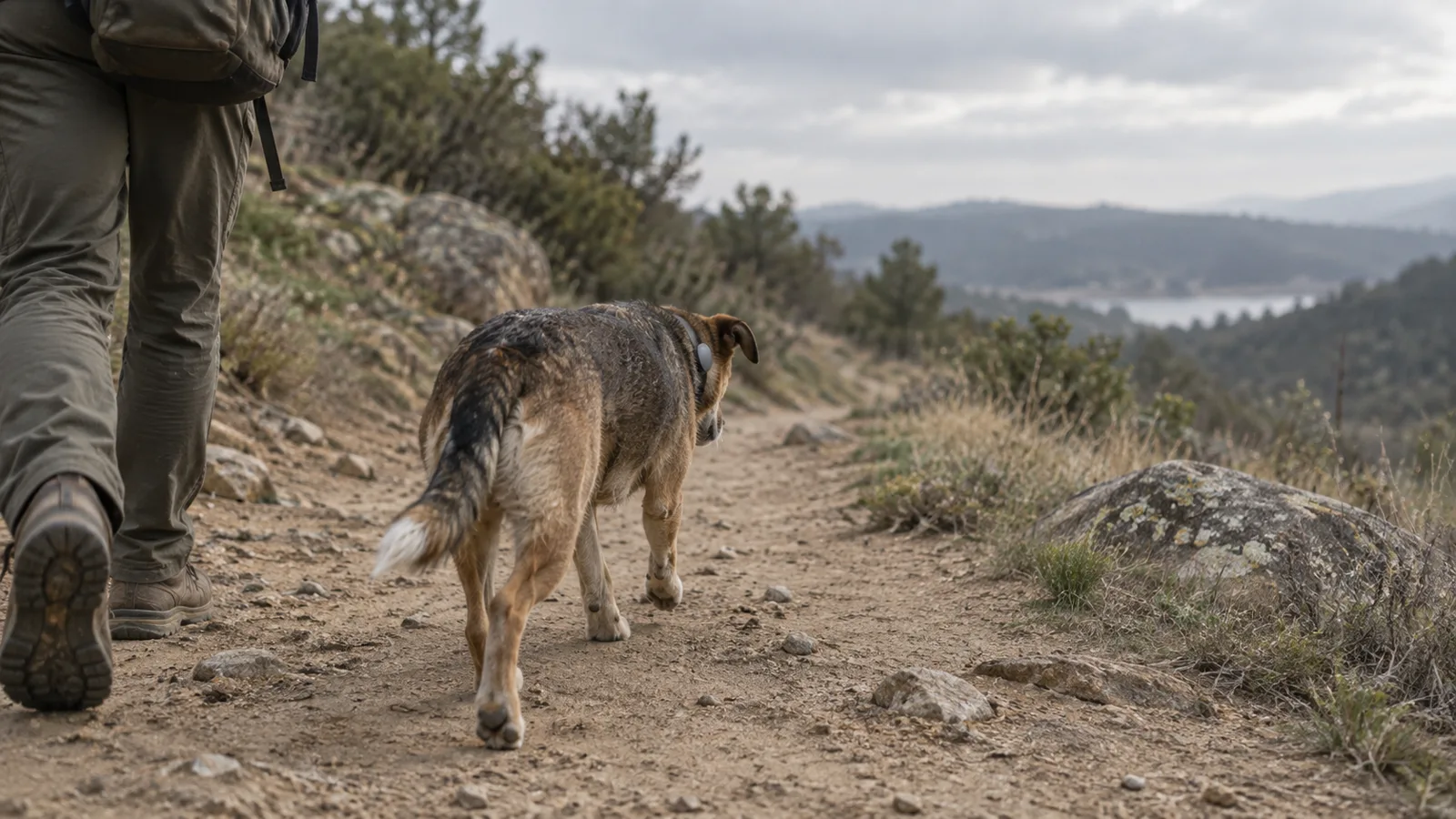 Dog walking ahead of its owner on a dusty hiking trail with a tracker on its collar