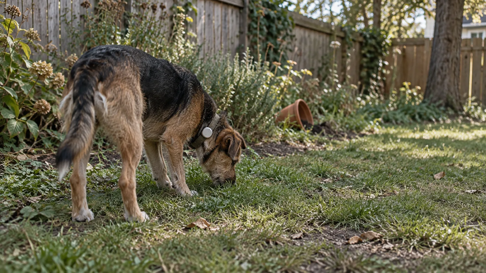 Dog wearing a slim GPS tracker on its collar at the edge of a garden