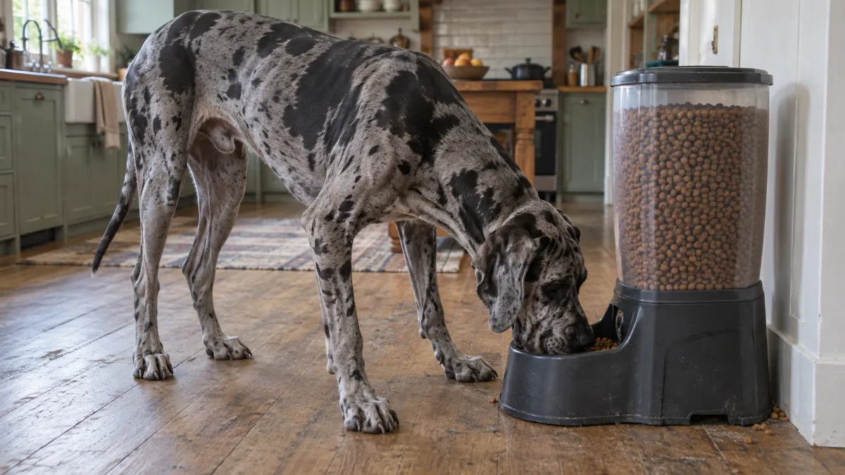 Large German Shepherd eating from a high-capacity automatic dog feeder