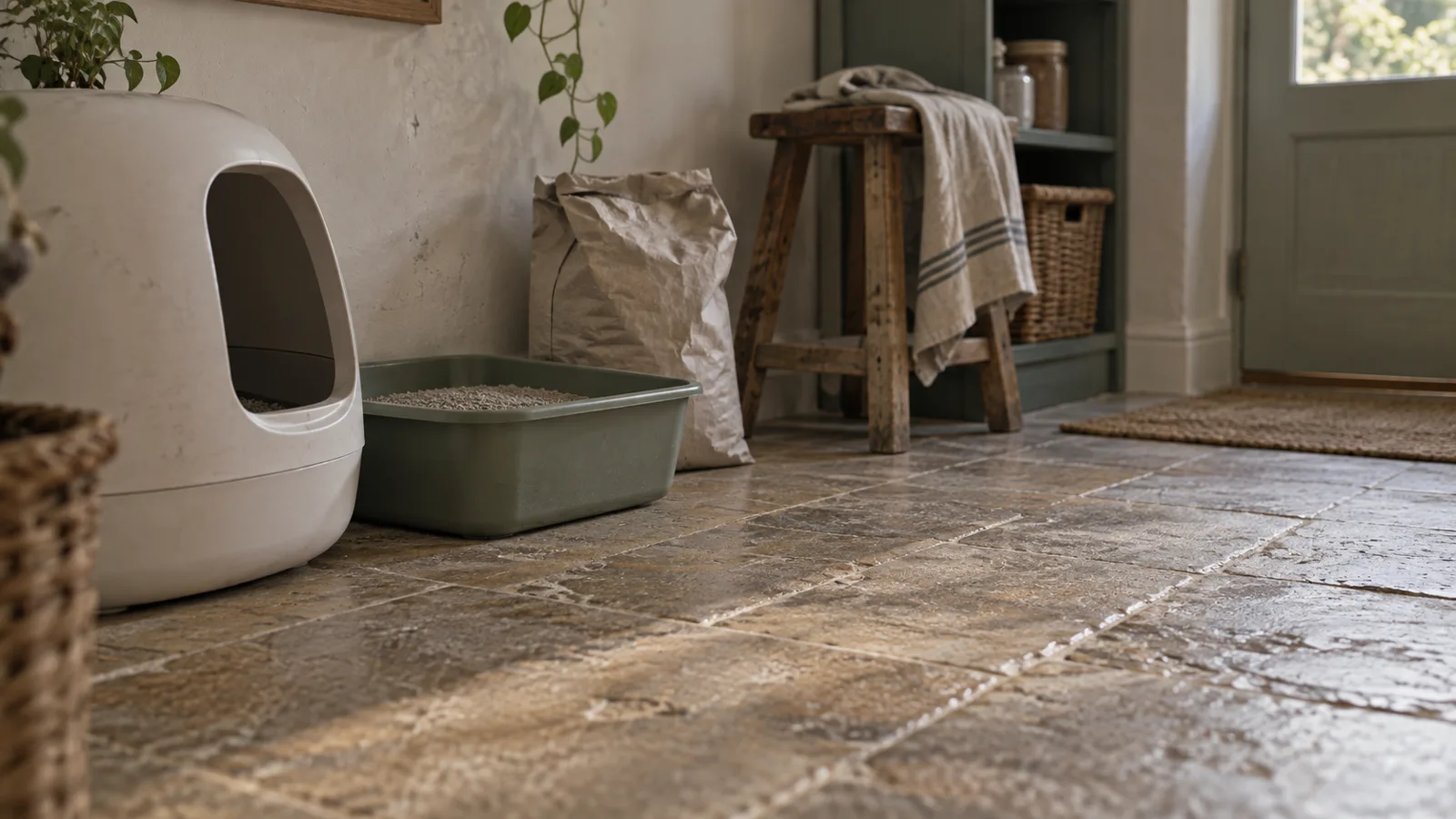 Automatic litter box beside an open litter tray and a bag of litter on a stone floor