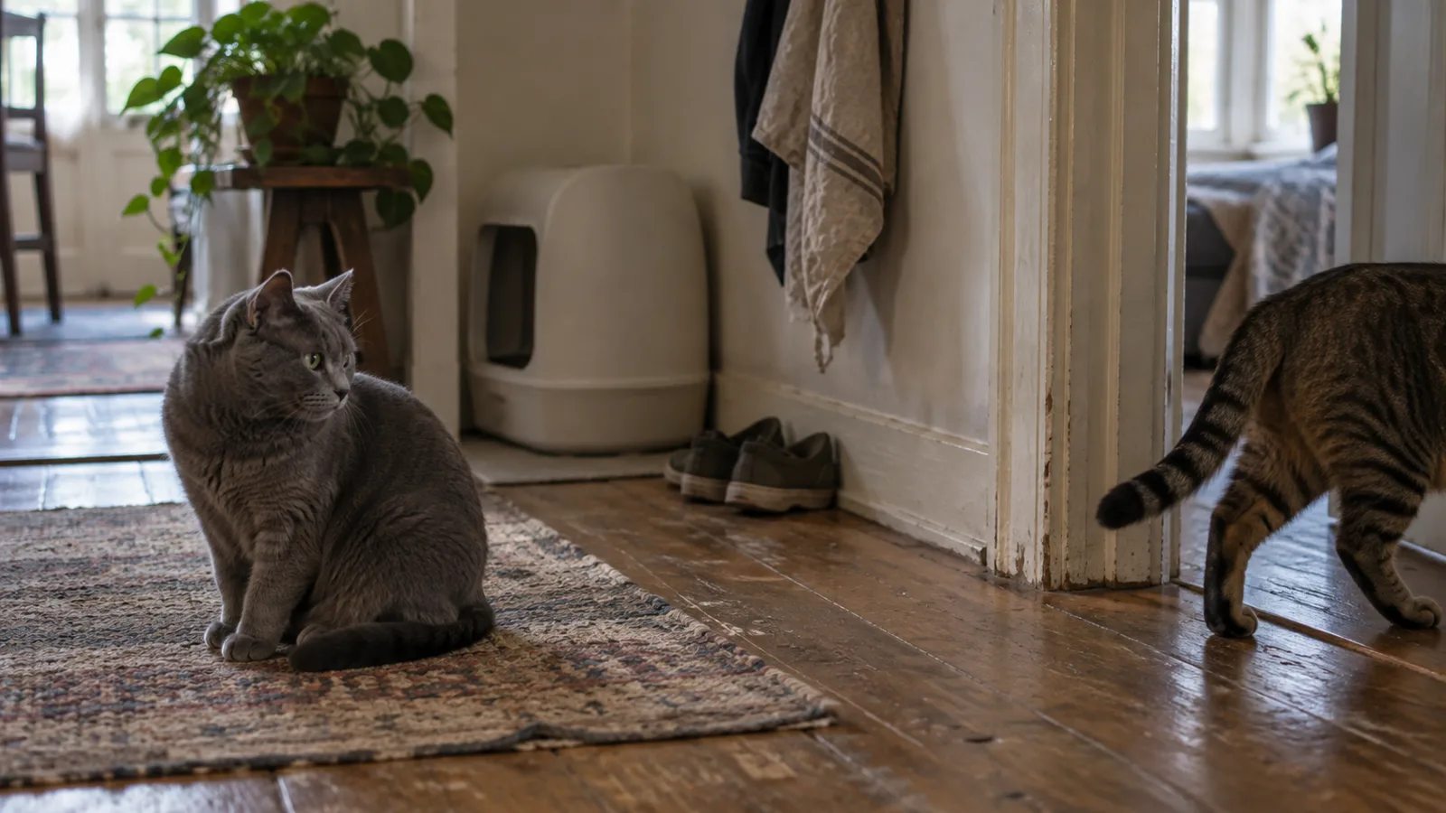 Grey cat sitting on a hallway rug near an automatic litter box while a tabby walks past