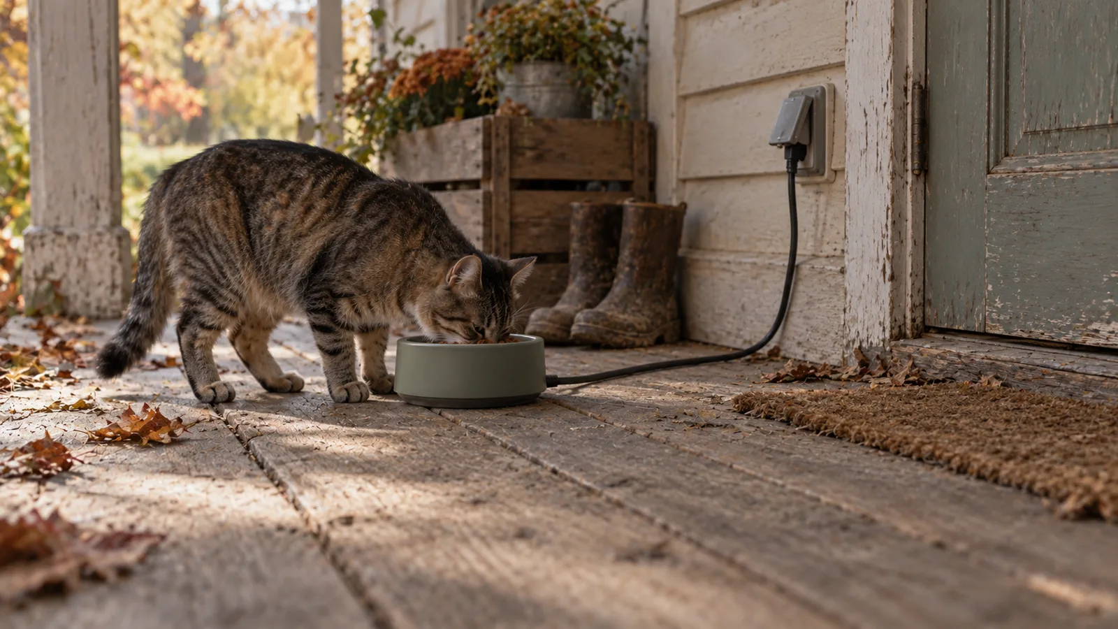 Barn cat eating from a covered feeding station beside a heated water bowl on a wooden porch