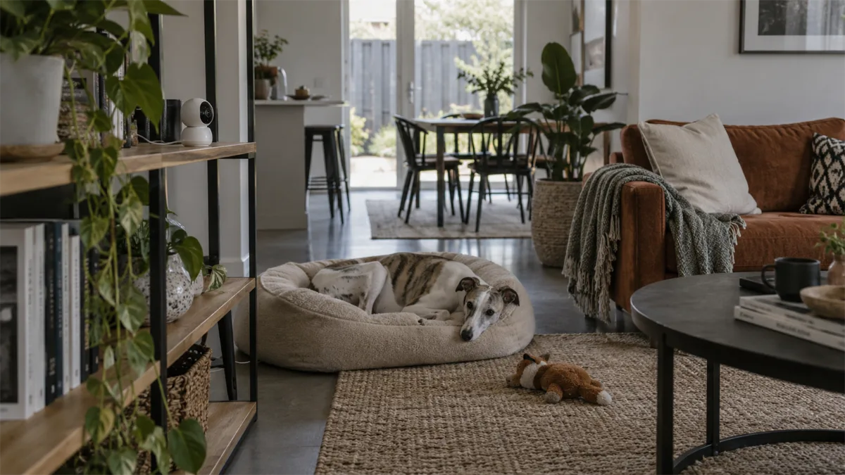 Monitoring camera on a stable shelf facing a living room where a golden retriever rests