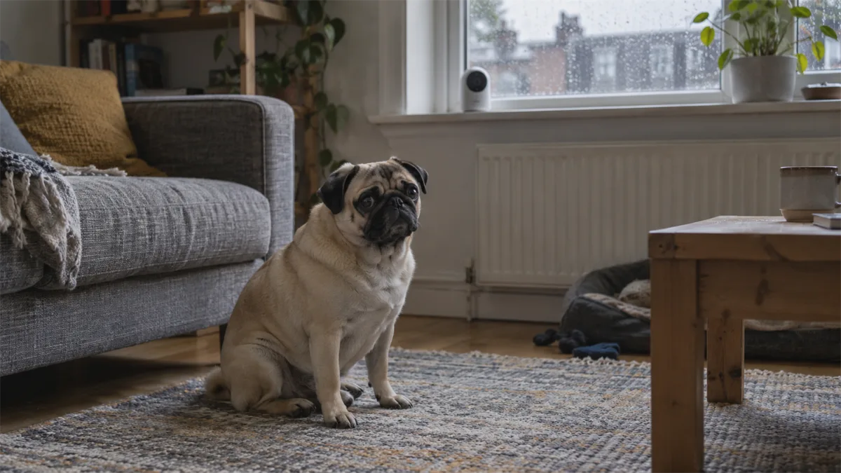 Compact monitoring camera and dark-screen smartphone beside a sofa with a resting dog