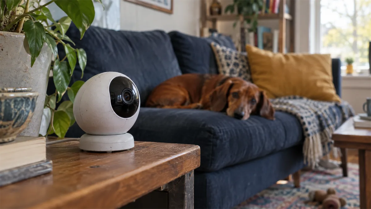Tabby cat and golden retriever resting in a warm living room with a compact monitoring camera
