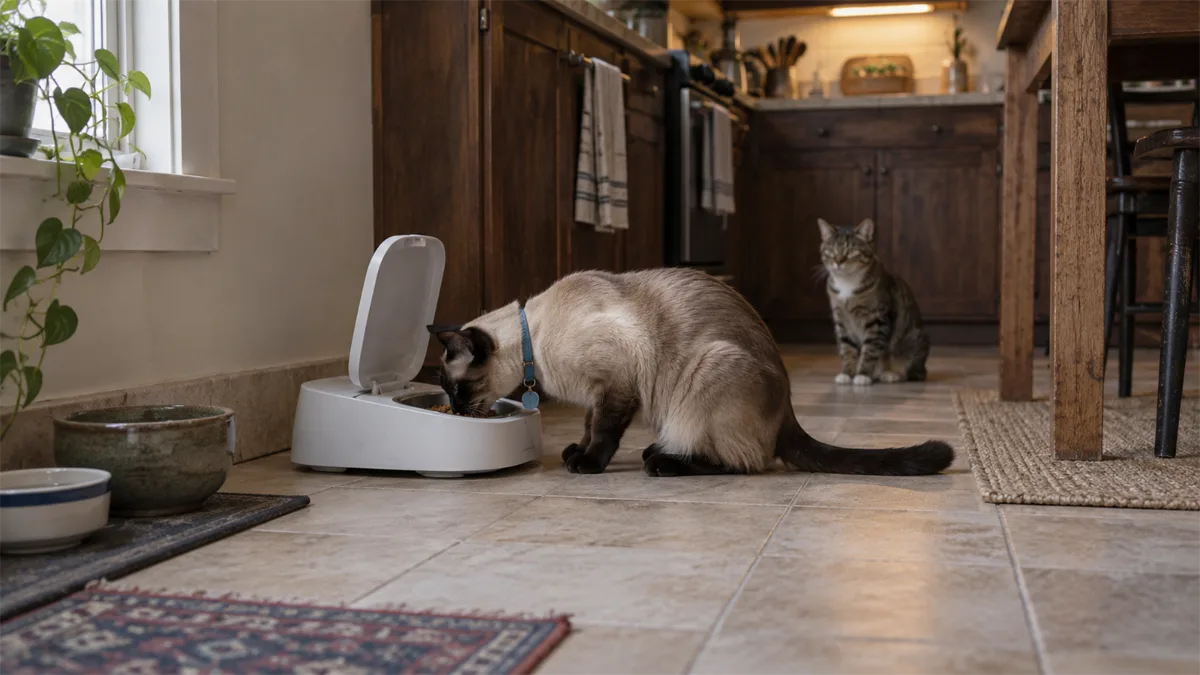 Cat approaching an RFID access-control feeder