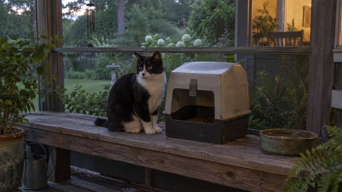Cat eating from a secure outdoor feeder designed to deter raccoons