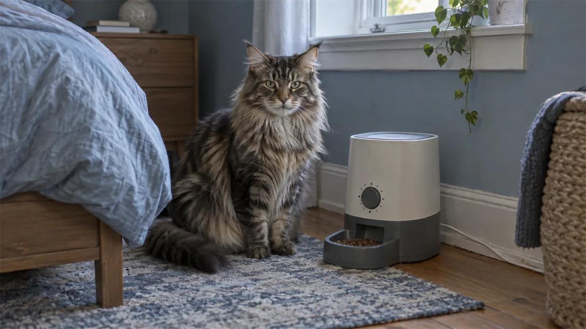 Cat beside a programmable timed feeder