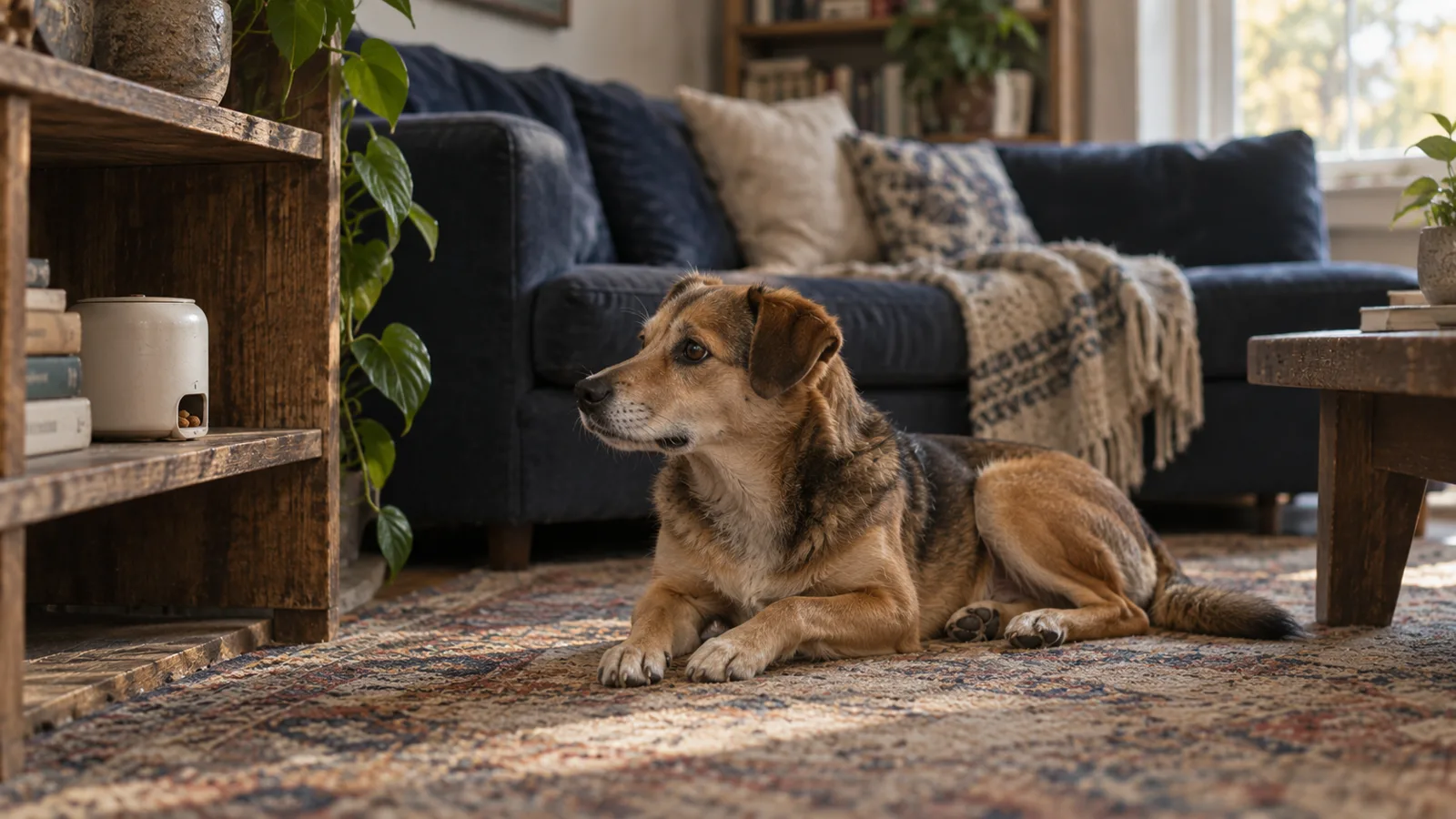 Dog waiting beside a countertop treat dispenser as a scheduled treat drops into the tray