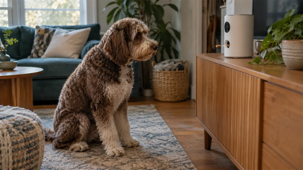 Dog beside a camera-equipped treat dispenser