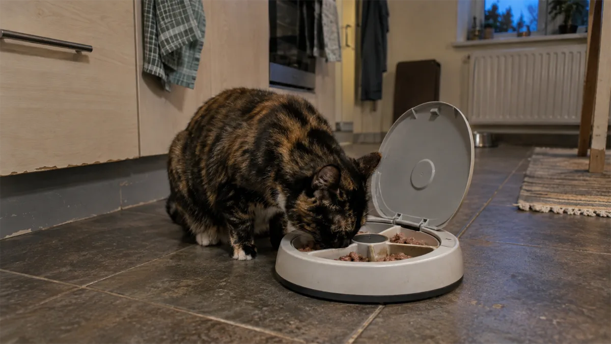 Cat beside an automatic wet-food feeder