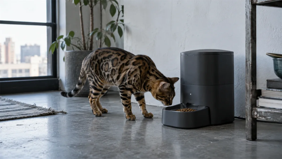 Cat beside a WiFi-connected feeder