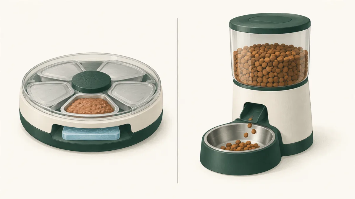 Illustration: a wet-food feeder with chilled sealed trays next to a dry-food feeder with a kibble hopper